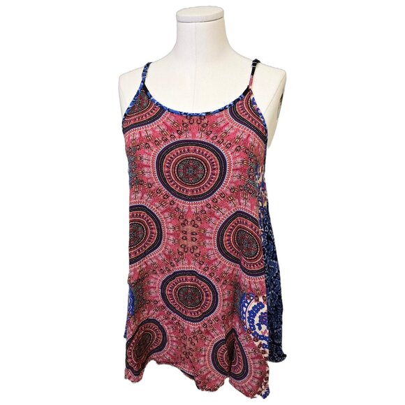 Womens Red Blue Boho Tank Top Flowy Mandala Print Summer Beach Festival Sz L - Picture 1 of 9